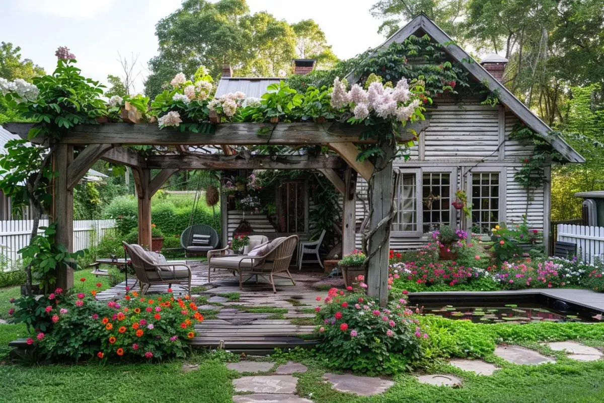 Maisonnette en bois avec pergola, chemin de gravier et plantes grimpantes dans un jardin intime.