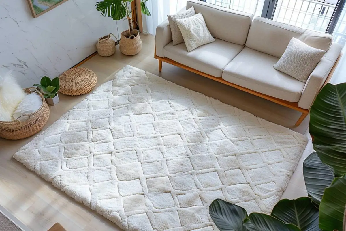 Grand tapis texturé placé sous un canapé et des fauteuils dans un salon lumineux au sol en bois