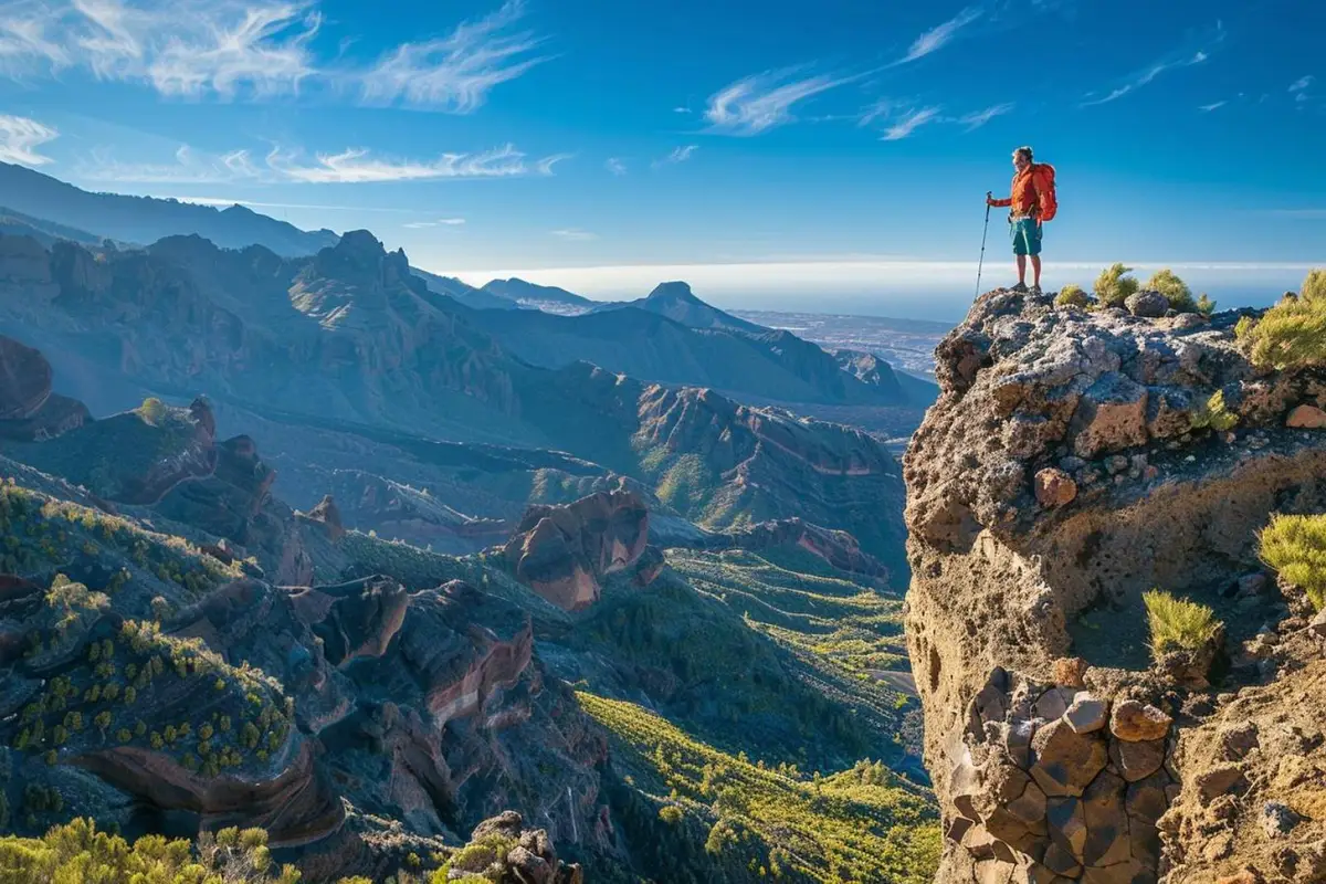 Randonneur équipé sur un sentier volcanique escarpé de Tenerife, entre ravin montagneux et océan Atlantique