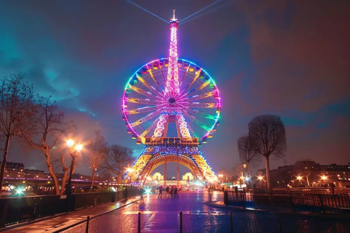 Vue historique de la grande roue temporaire place de la Concorde, avec la tour Eiffel visible au loin