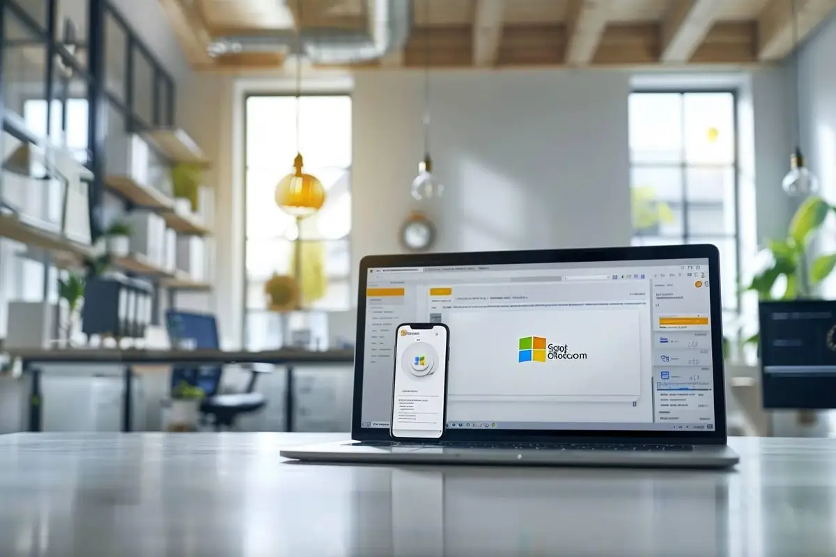 Bureau organisé avec ordinateur, agenda papier et carnet illustrant le tri méthodique des e-mails dans Outlook.com