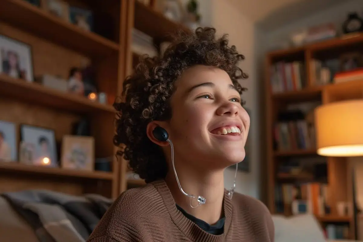 Main posant un appareil auditif discret derrière une oreille dans un intérieur lumineux, avant un repas en famille