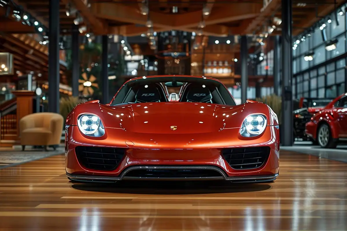 Vue trois-quarts d’un concept hybride de course argenté et orange inspiré de la Porsche 918 RSR, en atelier.