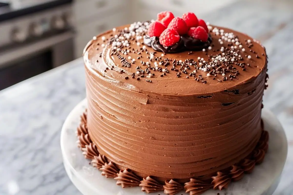 Gâteau facile au chocolat entamé, montrant une mie moelleuse et des morceaux de chocolat fondants