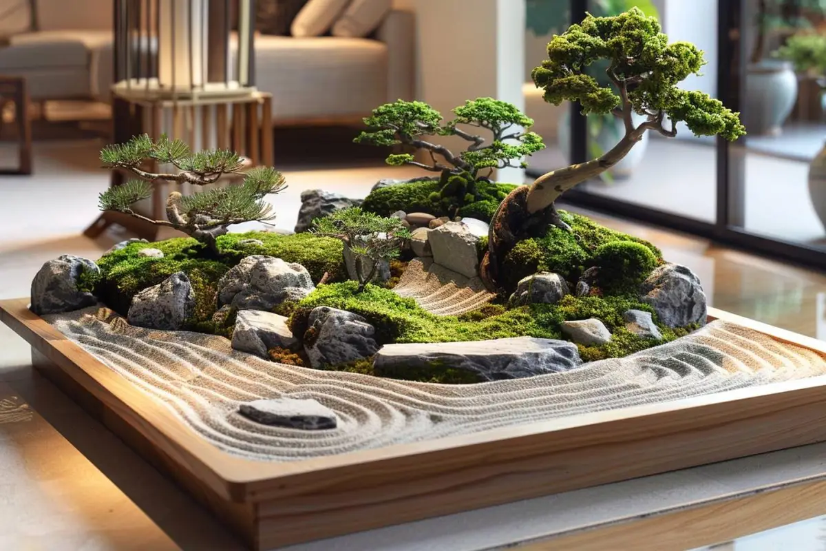 Jardin japonais miniature dans un plateau en bois, avec sable ratissé, pierres grises et mini-râteau posé à côté