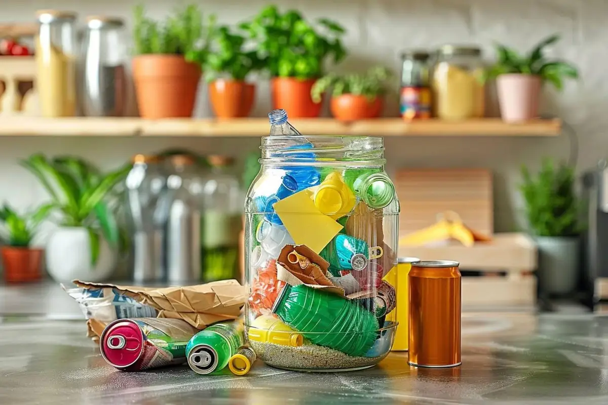 Cuisine organisée avec gourde, bocaux, sacs réutilisables et légumes en vrac pour réduire les déchets au quotidien