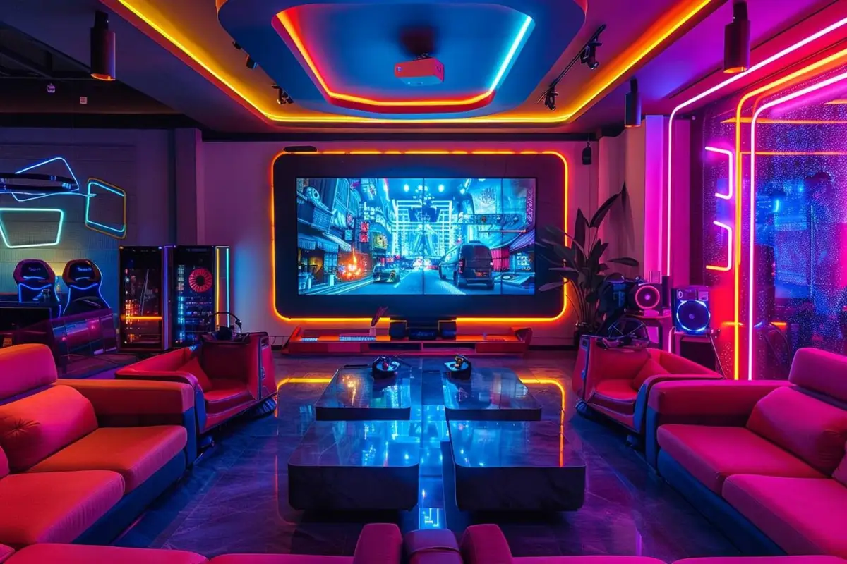 Salle de jeux familiale modulable avec rangements bas, tapis, table de jeux et coin écran bien organisé