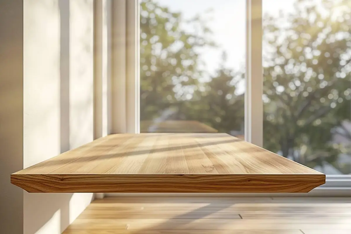 Étagère en bois repeinte en blanc cassé, fond terracotta et rangements décoratifs soigneusement composés