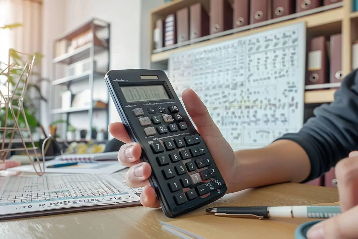 Mains calculant le carré d’un nombre sur un carnet, avec une calculatrice posée à côté