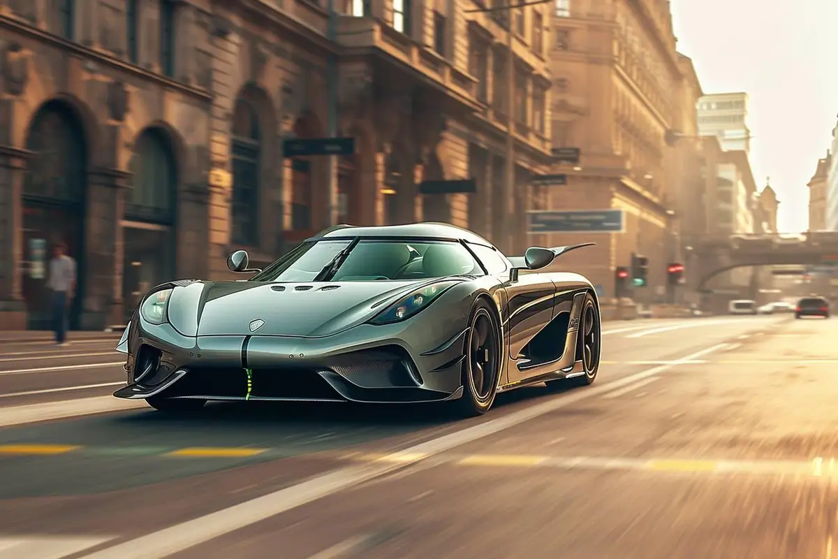 Hypercar Koenigsegg Gemera sombre à quatre places, portes ouvertes, sur une route côtière scandinave
