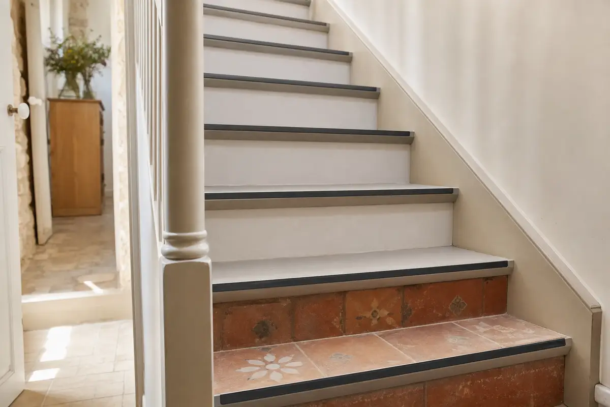 Escalier carrelé rénové avec marches gris beige mates, contremarches claires et bandes antidérapantes noires