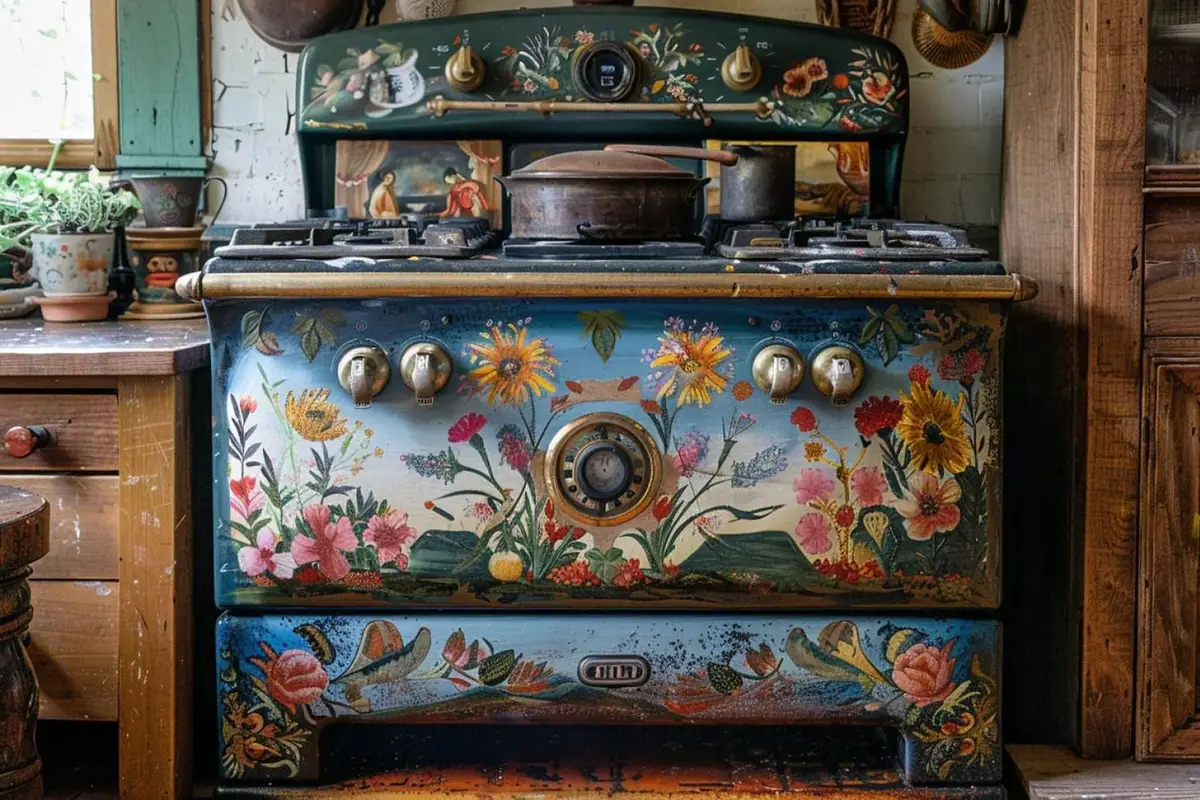 Cuisinière aux flancs métalliques peints en vert mat, avec plaque de cuisson et commandes laissées intactes