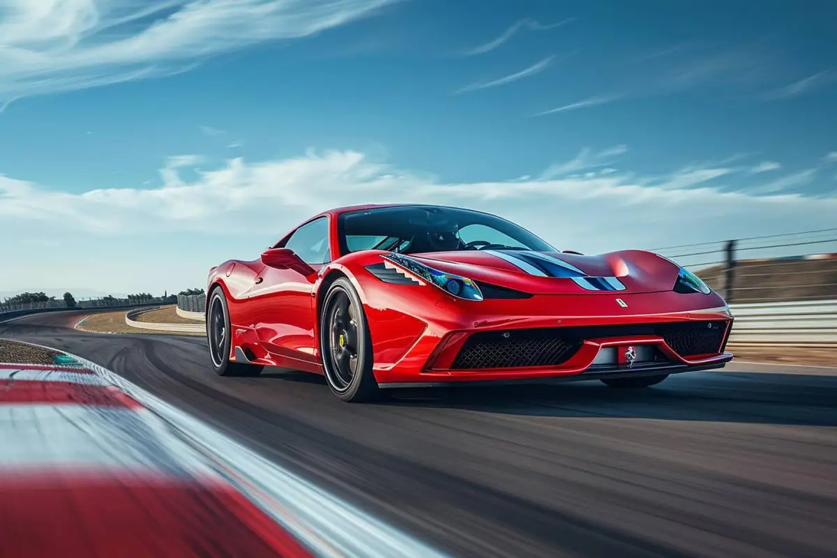 Ferrari 458 Speciale rouge photographiée de trois quarts avant sur une route de montagne déserte