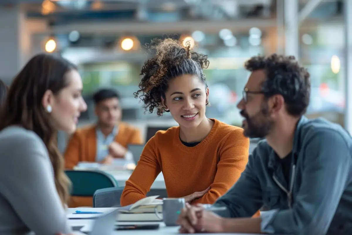 Équipe en réunion hybride partageant des informations de travail sur ordinateurs et tableau collaboratif