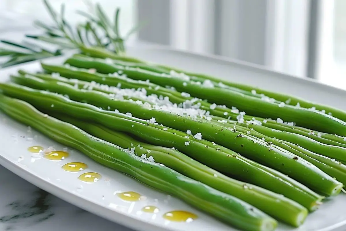 Haricots verts verts et brillants sortis d’une casserole, avec un saladier d’eau glacée prêt à côté