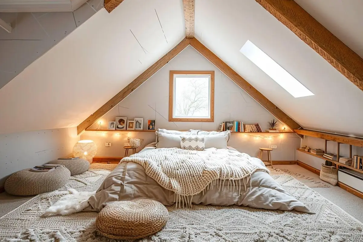 Chambre mansardée avec mur de tête de lit tapissé, lit bas, rangements sous pente et lumière douce
