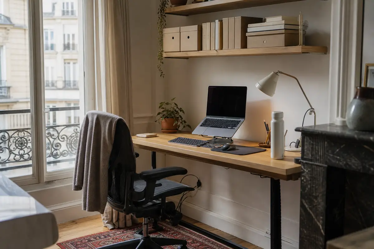 Petit bureau lumineux et organisé avec ordinateur sur support, étagères murales et câbles rangés sous le plateau