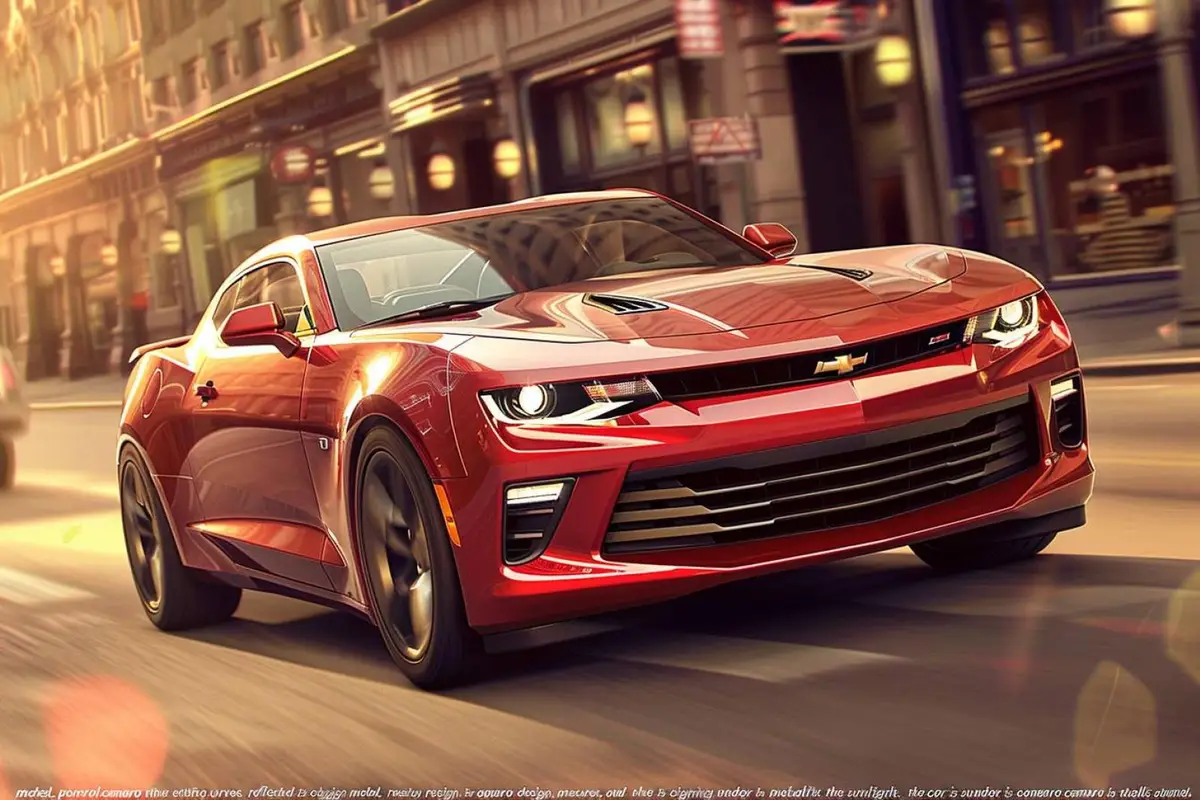 Vue en plongée d’un coupé sportif noir de type Camaro dans un studio sombre, phares allumés et capot sculpté