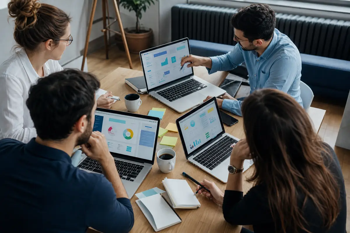 Équipe commerciale autour d’une table utilisant des tableaux de suivi clients sur ordinateurs portables