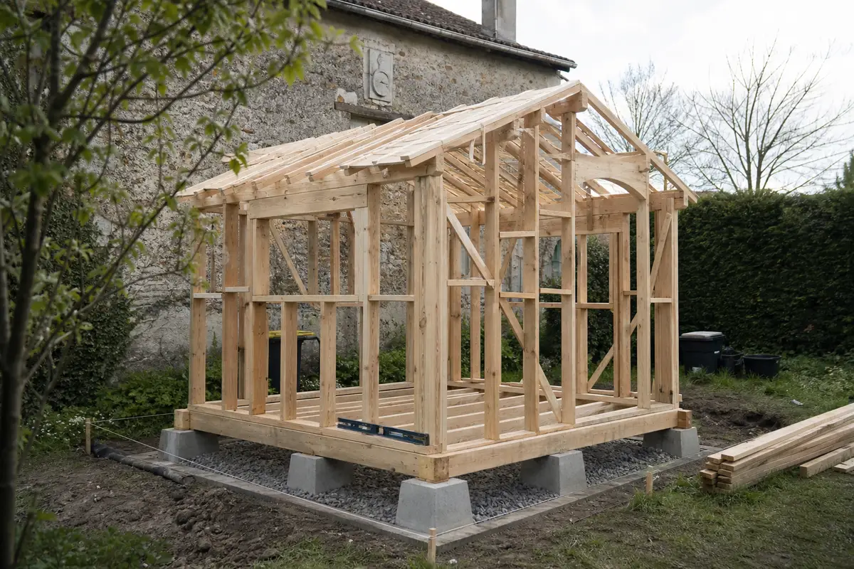 Abri de jardin en bois posé sur des plots de béton alignés avec un drainage en gravier autour