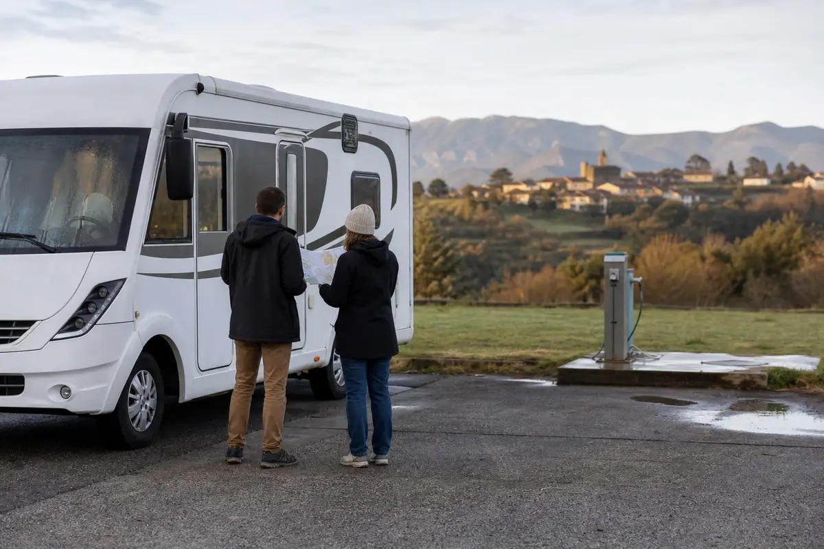 Camping-car compact à une aire de services, deux voyageurs préparent leur itinéraire dans la campagne française