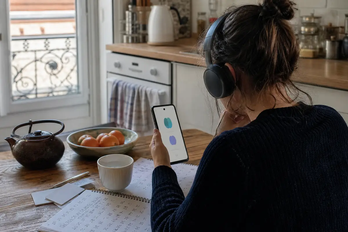 Personne utilisant une application de langue avec cartes mémoire, casque et carnet sur une table lumineuse