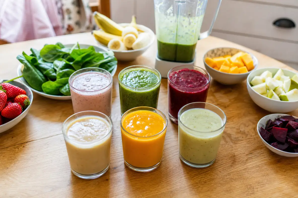 Six petits smoothies maison colorés pour enfants, entourés de fruits frais et d’un blender sur une table en bois