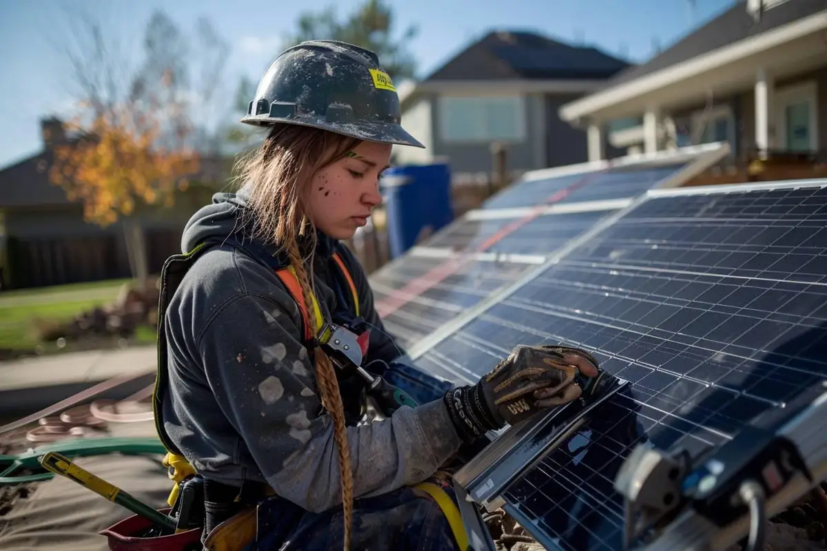 Technicien contrôlant des capteurs solaires thermiques fixés sur le toit d’une maison individuelle