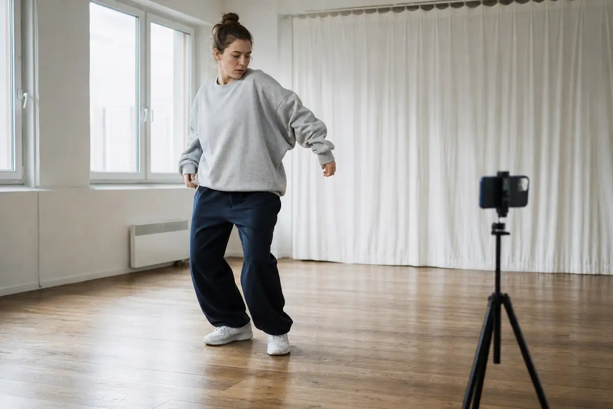 Danseur débutant travaillant ses appuis de hip-hop face à un téléphone posé sur trépied en studio