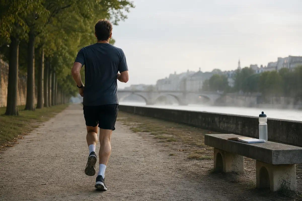 Coureur de dos sur un chemin au petit matin, près d’une gourde et d’un carnet de préparation marathon