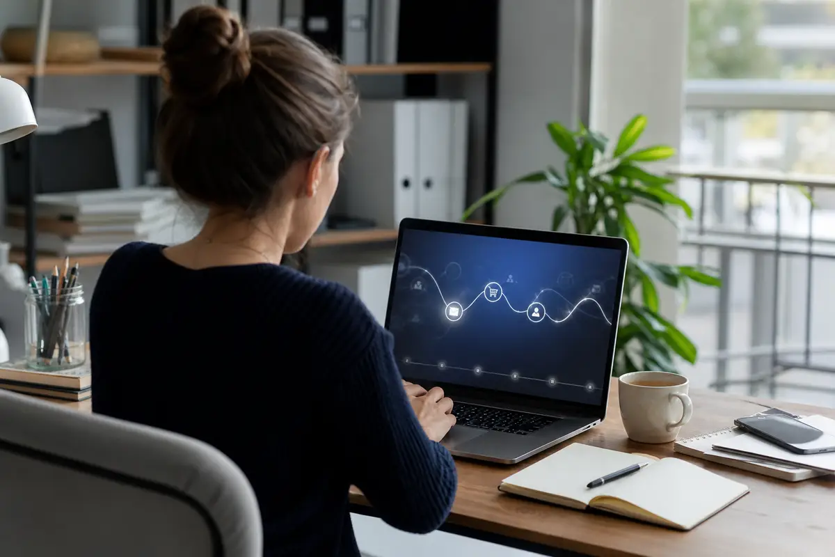 Ordinateur et carnet illustrant la conception d’un parcours automatisé de relation client dans un bureau lumineux