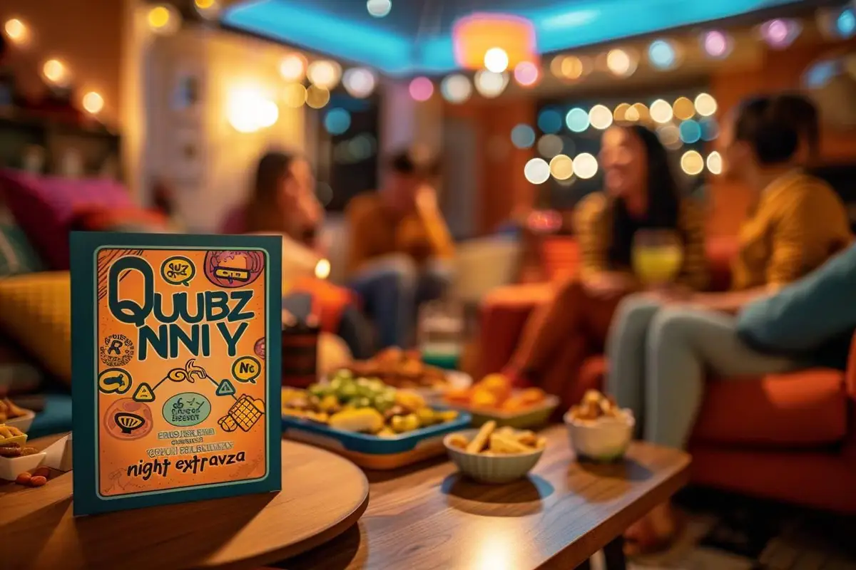 Amis réunis autour d'une table, feuilles et minuteur prêts pour une soirée quiz conviviale à domicile