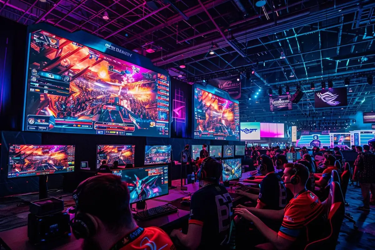 Tournoi d’e-sport local avec joueurs sur ordinateurs, arbitre et écran de suivi dans une salle organisée