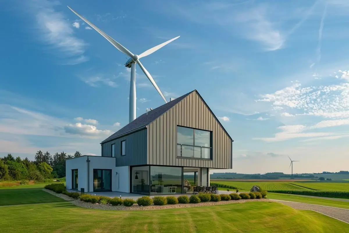 Petite éolienne sur mât dans un jardin dégagé, loin des arbres et des maisons, sous un ciel venteux