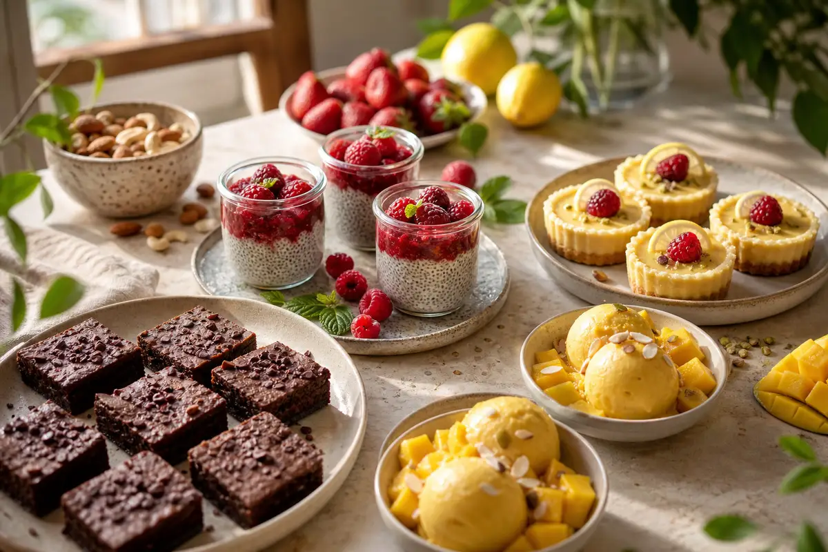 Assortiment de brownies aux dattes, verrines de chia, tartelettes citron et sorbet mangue sans cuisson