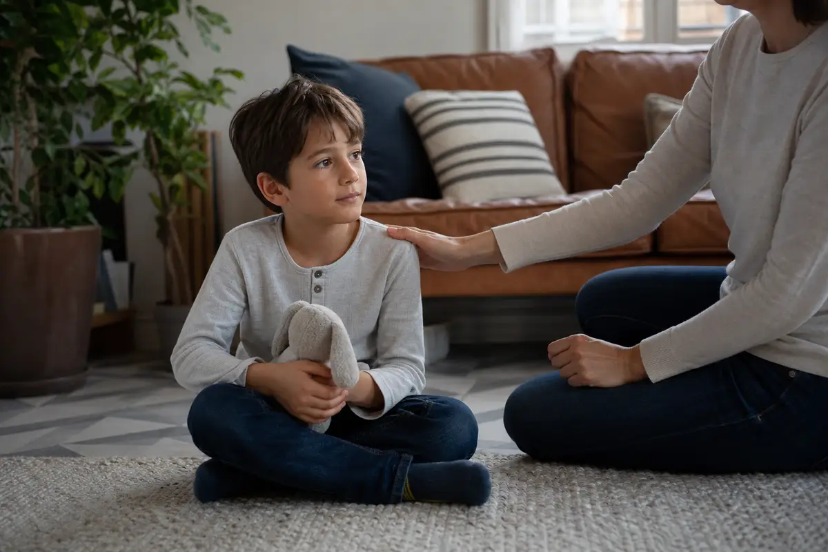 Enfant assis sur un tapis, les yeux ouverts, pendant un court exercice de méditation guidée à la maison