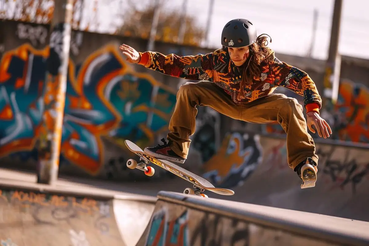 Débutant casqué qui apprend à pousser sur son skateboard sur une esplanade plane et dégagée