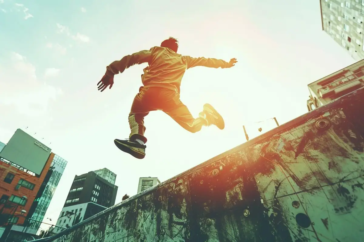 Débutant franchissant lentement un obstacle bas sur tapis lors d’un cours de parkour encadré en salle