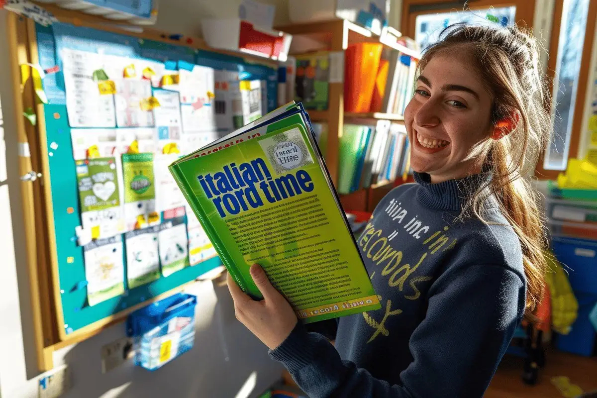 Carnet, cartes de vocabulaire et écouteurs posés sur une table pour apprendre l’italien à la maison