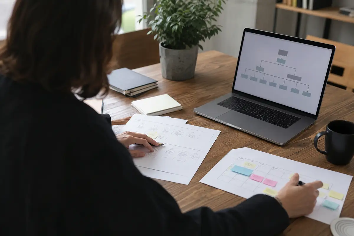 Bureau avec une carte de sujets, des notes de planification et un ordinateur pour organiser une stratégie de contenu
