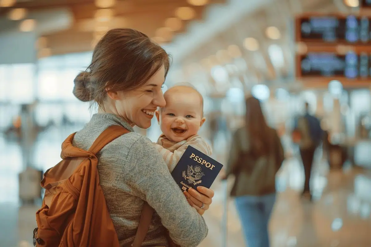 Préparation organisée d’un voyage avec bébé, poussette compacte, sac de change et siège-auto près d’une fenêtre.