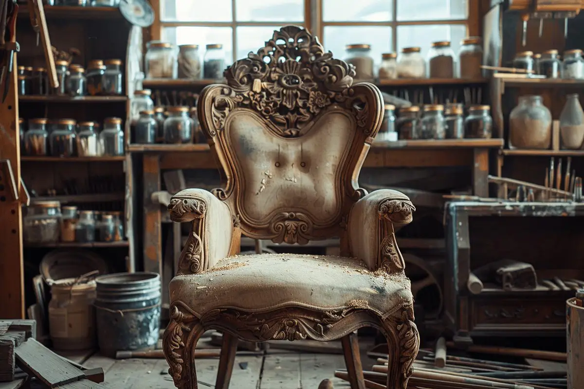 Mains nettoyant délicatement une commode ancienne dans un atelier avec cales, serre-joints et chiffons