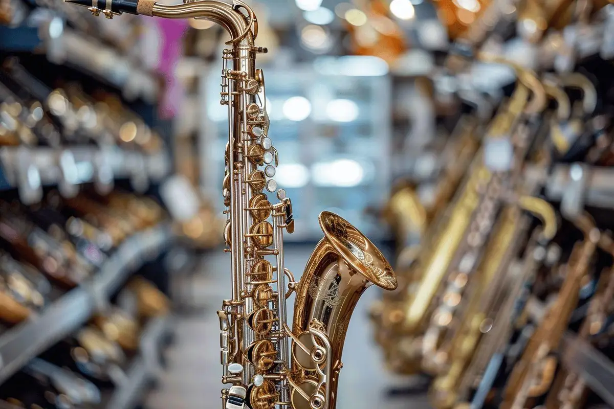 Un musicien compare un saxophone alto et un ténor dans un magasin d’instruments, près de leurs étuis.