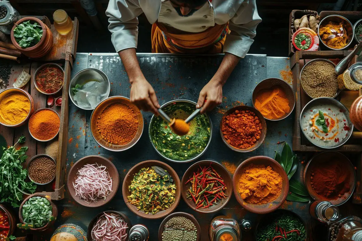 Table dressée avec dal tadka, biryani de légumes, curry de poisson bengali, riz basmati et épices entières
