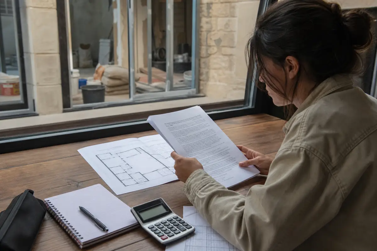 Entrepreneur étudiant le budget, le contrat et le plan d’un futur commerce franchisé avant de signer