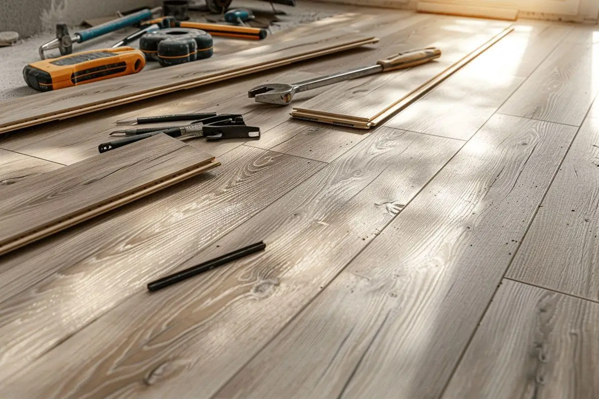 Pose de lames de plancher en vinyle dans un séjour, avec cales de dilatation et outils de mesure