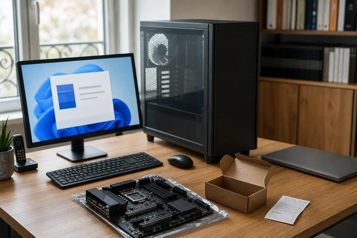 Ordinateur de bureau, portable et carte mère illustrant le choix entre licences Windows OEM, Retail et Volume