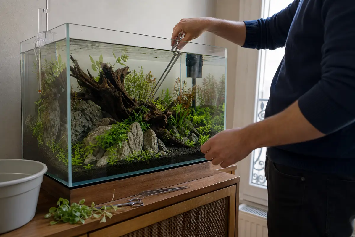 Aquarium de 60 litres en cours d’aquascaping avec pierres, racine, sol en pente et plantes aquatiques faciles