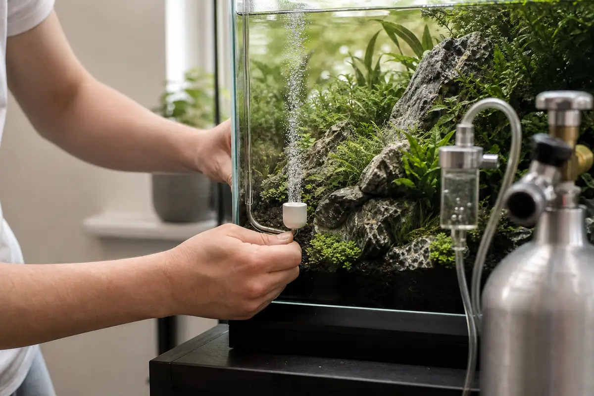 Diffuseur de CO₂ produisant des microbulles dans un aquarium planté, avec détendeur et compte-bulles visibles