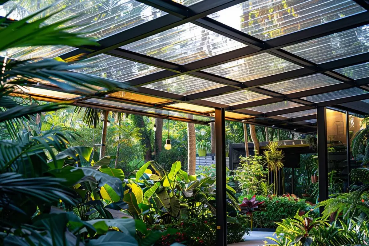 Pergola de terrasse avec lames orientables, panneau translucide et gouttière intégrée dans un jardin résidentiel